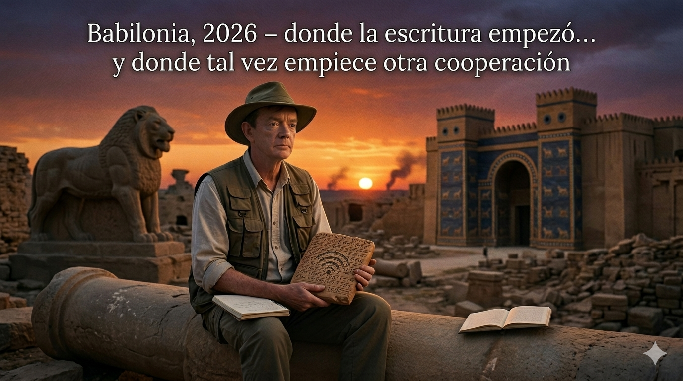 En primer plano, un hombre de mediana edad (Orlando El Escriba) vestido con ropa de explorador de campo (chaleco con múltiples bolsillos, camisa clara, sombrero de ala ancha) está sentado sobre una columna caída entre las ruinas de la antigua Babilonia (Irak). Tras él, se ven los restos del León de Babilonia y la reconstrucción del Palacio Sur. El sol se pone, tiñendo el cielo de naranja y púrpura. Sostiene en sus manos una tableta de arcilla con escritura cuneiforme (en la que se insinúa el dibujo de ondas de radar). Un cuaderno de notas está abierto a su lado. Su expresión es meditativa, cansada pero esperanzada. En el fondo, muy lejos, columnas de humo casi imperceptibles (los restos de la guerra). El ambiente es de calma después de la tormenta. Título superpuesto: "Babilonia, 2026 – donde la escritura empezó… y donde tal vez empiece otra cooperación.