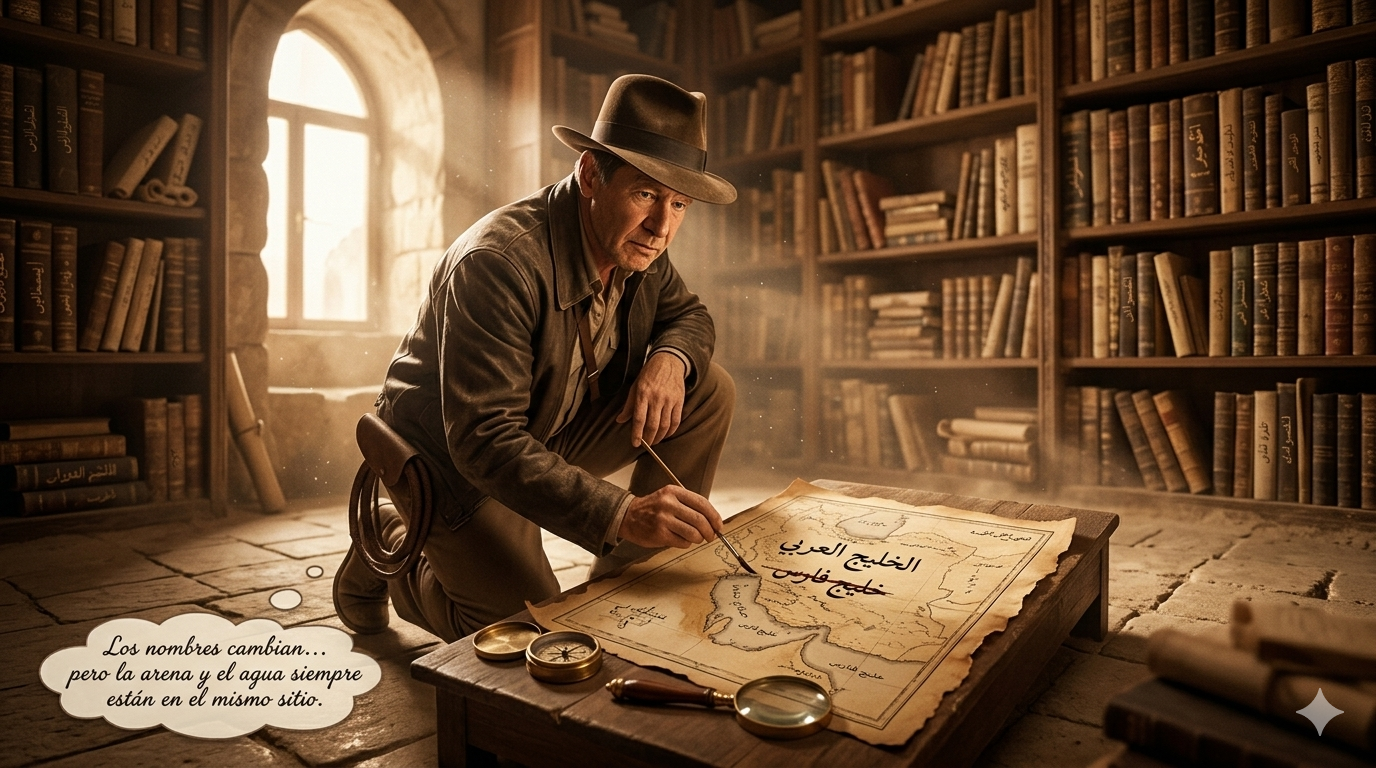Cameo de Orlando El Escriba en el personaje de Indiana Jones encontrando viejos pergaminos con los dos nombres, tachando uno y escribiendo el otro.