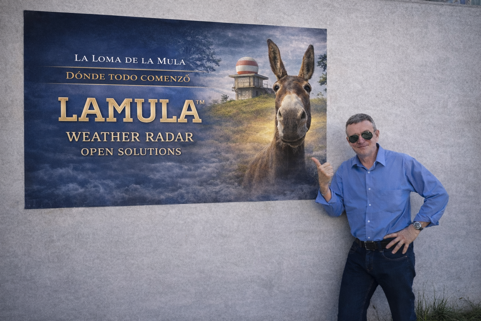 El Dr. Orlando L. Rodríguez González, director-fundador del Centro Nacional de Radares en Camagüey y ahora presidente de la empresa privada LADETEC muestra un afiche de LAMULA Weather Radar Open Solutions