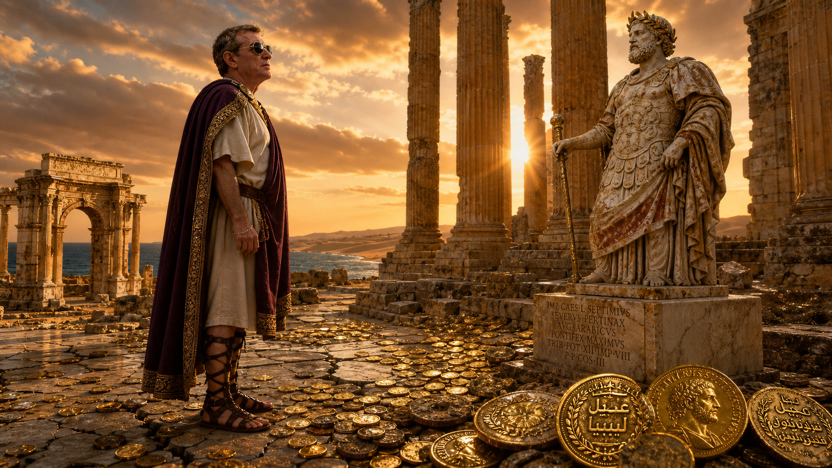 Cameo de Orlando El Escriba ante la tumba de Septimio Severo, Emperador Romano de origen libio. A mis pies el oro romano y el Dinar de Oro propuesto por Gadafi.