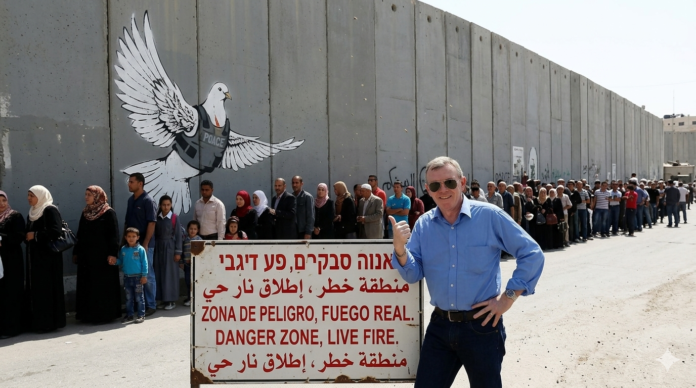 Yo, mientras tanto, me planté frente al Muro. No en Berlín, sino en Belén. El de cemento gris de ocho metros que Israel llama "valla antiterrorista" y los palestinos, el Muro de la Vergüenza. Detrás de mí, un grafiti de Banksy y la cola para cruzar a Jerusalén. Delante, el cartel que avisa: "Zona de peligro, fuego real". Sonreí para la foto, pero el nudo en la garganta era más alto que el muro. Este capítulo no lo cierra ni Dios.