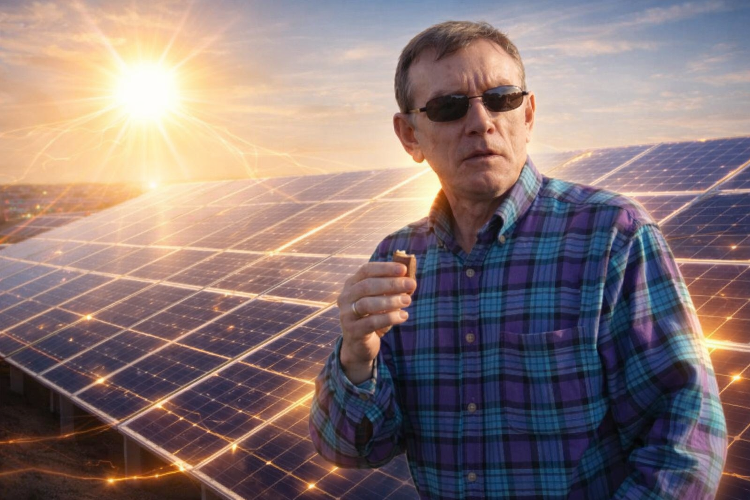 Orlando El Escriba se toma un helado delante de un parque solar con un sol resplandeciente de esperanza.