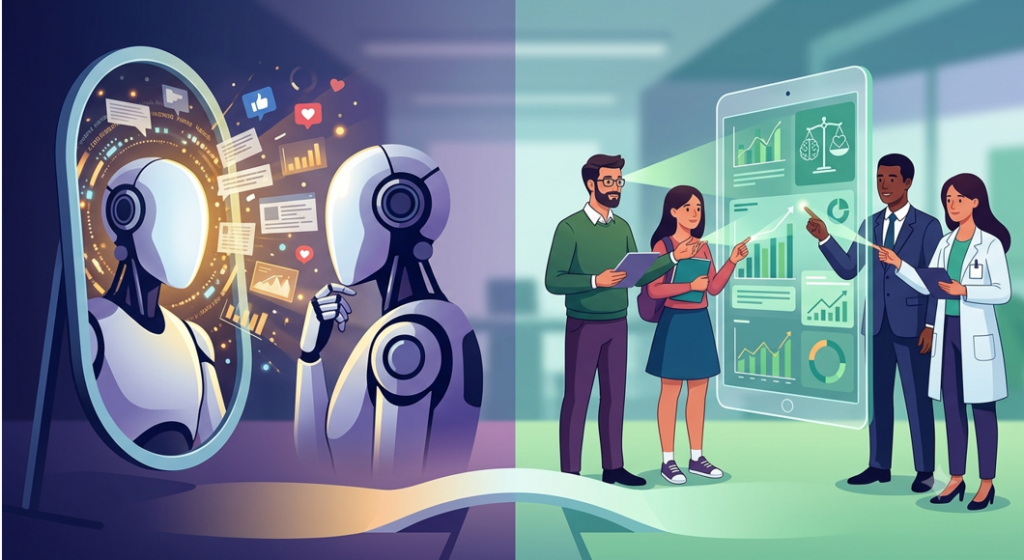 El lado izquierdo ilustra la "invasión de los necios" de Eco, con un robot vacío mirando un espejo que amplifica el caos de información no verificada. El lado derecho muestra la alternativa ética: humanos formados colaborando y analizando datos estructurados, lo que resuena con la "supervisión humana" y la IA soberana que menciono en relación con la cumbre y la investigación de Harvard.
