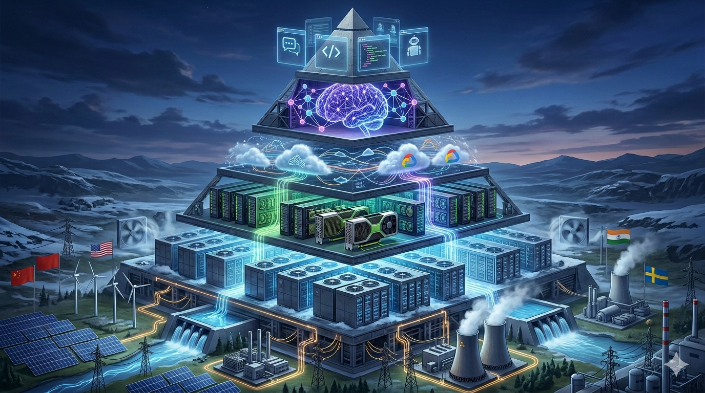 Pirámide de la Inteligencia Artificial de 6 capas: 1-energía, 2-chips, 3- infraestructura, 4- modelos, 