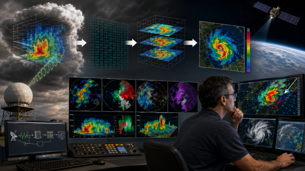 Analista de información de radar procesada mirando numerosos productos generados por el radar