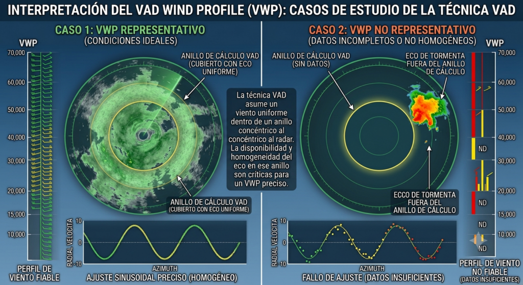 Explicación del VAD para dos casos diferntes, con ecos en el anillos (precipitación uniforme, estratiforme, o insectos) y el caso del anillo sin ecos, o ecosincompletos, en situación convectiva.