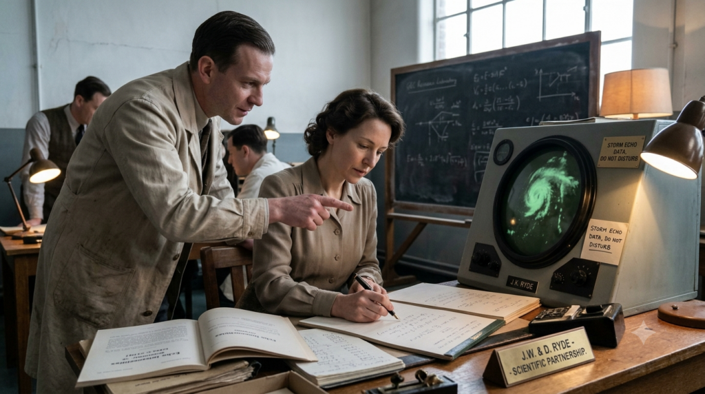 Dorothy Ryde con su esposo J. W. Ryde, trabajando en las ecuaciones que describen la interacción de las ondas de radar con las partículas atmosféricas, describiendo los fenómenos de dispersión y atenuación de las ondas.
