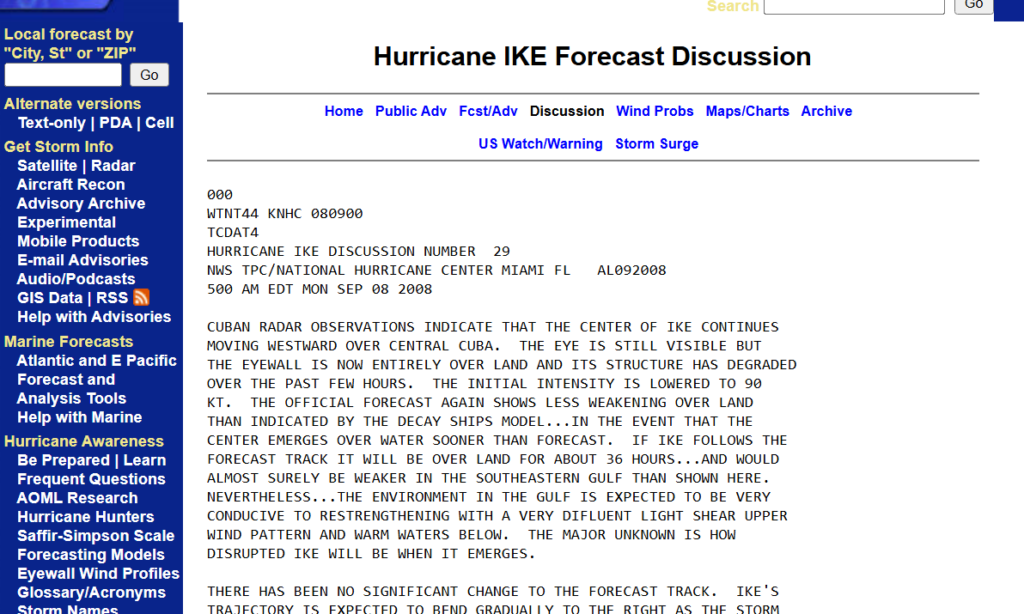 Discusión del pronóstico del National Hurricane Center de los Estados Unidos sobre el Huracán Ike, donde se hace mención a las observaciones de los radares cubanos.