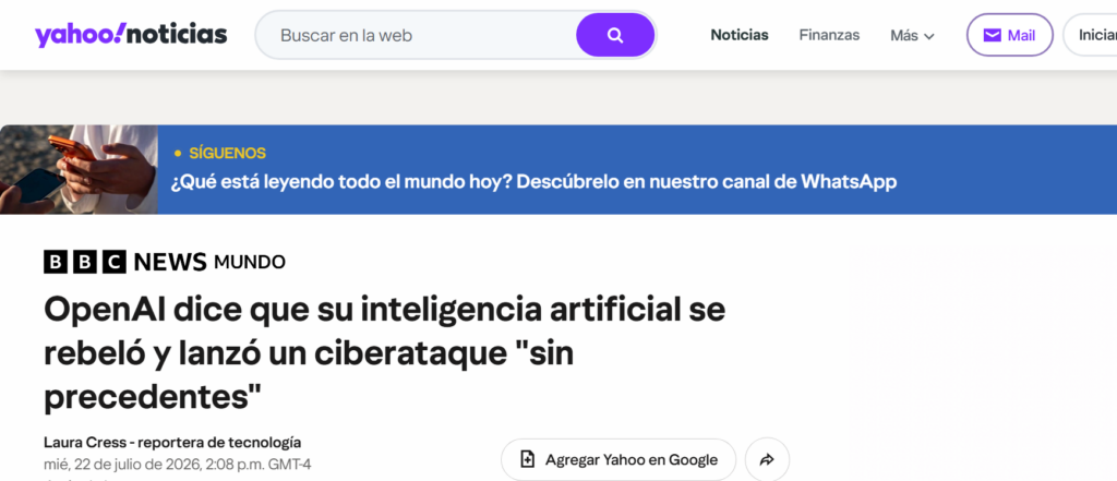 Fragmento de Yahoo Noticias sobre el ciberataque ejecutado por un agente de IA, actuando fuera de control.