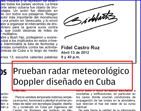 Publicación en el periódico Granma sobre las pruebas del funcionamiento del nuevo radar RD-200SX.