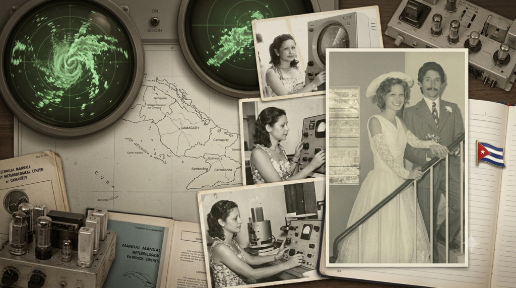 Julia Morejón Peña, primera mujer operadora de radar en Cuba, foto generada por IA, ambientada en el radar y una de su boda con el también operador Joel de los Ríos