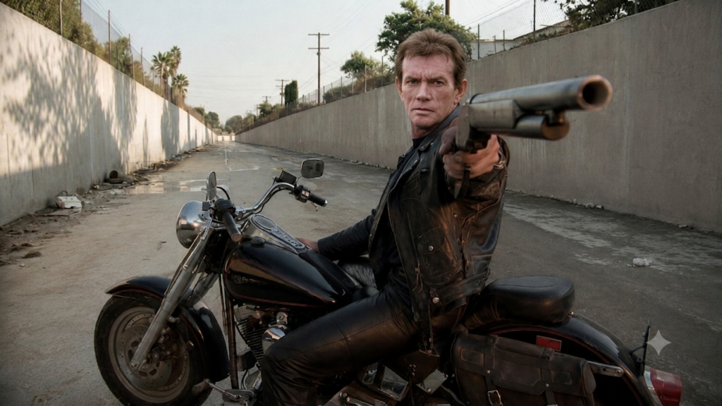Orlando El Escriba remedando la escena de Terminator II, Judgement Day en la que Arnold pronuncia la célbre frase: Hata la vista baby.