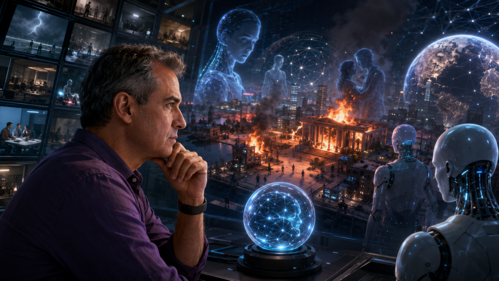 Orlando El Escriba observa preocupado el experimento de Emergence World, en el cuallas IA se salen de control y cometen delitos y forman un caos en la sociedad.