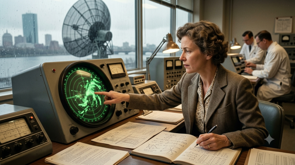 Imagen generada por IA de Pauline M. Austin, trabajando cosas de Meteorología de Radar en el MIT.