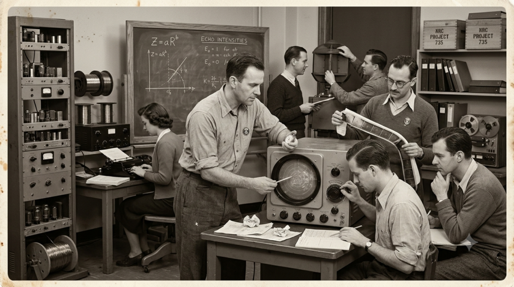 Escena creada por IA para representar fielmente a los miembros clave del Stormy Weather Group de la Universidad McGill durante esos años fundacionales (mediados de los años 40), los personajes que están recreados en esa dinámica de laboratorio representan a Stewart Marshall: El líder y físico que dirigía el proyecto, concentrado junto a la pantalla de radar analizando los ecos de lluvia.Walter Palmer, Kenrick Gunn y Walter Hitschfeld: Los primeros estudiantes de posgrado clave que trabajaron codo con codo en el desarrollo de la famosa relación Z-R y en el análisis del clutter. R.H. Douglas: Co-fundador del grupo junto a Marshall. R.C. Langille: Quien en la vida real volaba para recoger las muestras de agua, aquí representado como parte del equipo técnico que analiza las cintas cinematográficas de time-lapse de las pantallas.En la pizarra del fondo, como un guiño directo a la base científica del artículo, dejé plasmada de forma visible la estructura de la relación cuantitativa de reflectividad (Z=aR^b) y las referencias a las ecuaciones de intensidad de eco (Echo Intensities) en las que se apoyaron.