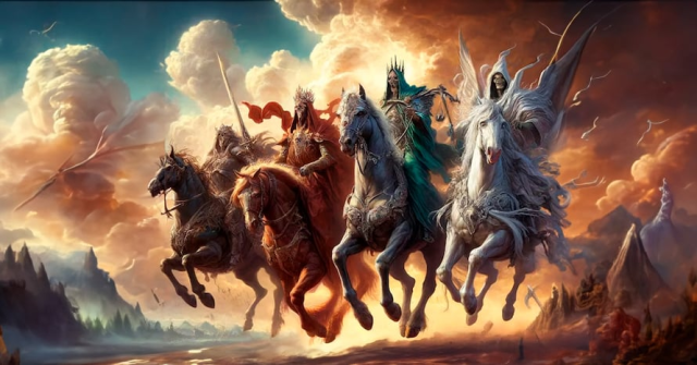 Imagen de los Cuatro Jinetes del Apocalipsis usada fantasiosamente para ilustrar los cutro índices más imortantes para el pronóstico de tormentas severas.